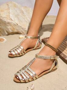 女士平底凉鞋，镂空罗马风T字带踝带鞋，人造革舒适鞋，多带编织平底凉鞋，适合户外、度假，防滑平底凉鞋，露趾网眼镂空透气凉鞋，夏季必备女士平底凉鞋 - 金色 - 查看 5