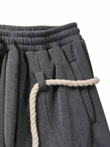 Men's Grey Thick Rope Drawstring Loose Wide Leg Casual Pants - Dark Grey - View 7