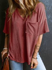 CILKOO Women's Loose Twist Pocket V-Neck Casual Short Sleeve T-Shirt, Spring/Summer - Burgundy - View 4