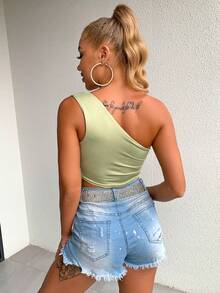 Joyfunear Áo tank top nữ crop top gợi cảm khoét vai lệch - màu xanh lá cây - Xem 5