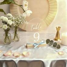 Placa de número de mesa de acrílico esmerilado con base de madera, decoración minimalista, adecuada para recepción de bodas, despedida de soltera, decoración de número de mesa, decoración de bodas, decoración del Día de San Valentín - Multicolor - Ver 5