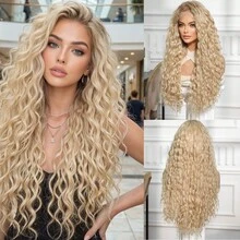 28英寸长渐变金色小到中卷多层次发型合成假发，外观自然，蕾丝前假发，13*4手工编织蕾丝，化纤发丝，日常佩戴，进口丝绸，适合派对、婚礼、音乐节、万圣节等场合，可作礼物。 - 彩色 - 查看 13