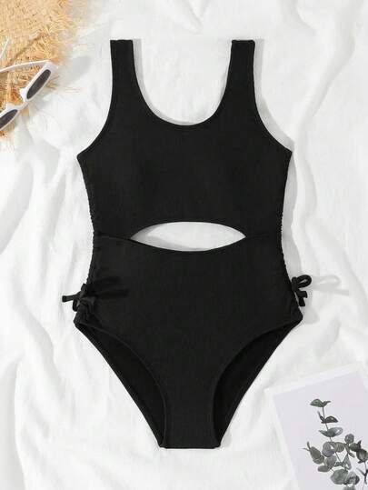 Tween Girls Hollow-Out Triangle One-Piece Swimsuit, Black Special Fabric Knitted Swimwear, Minimalist European & American Style Backless Scoop Neck Suitable For Summer, Swimming, Beach Vacation, Bikini