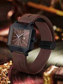 TOMI 1 chiếc đồng hồ nam vuông thiết kế Nhật Bản chất lượng cao, bền chắc, vỏ màu đen mờ, dây đeo silicon màu nâu, mặt số rạng rỡ, phù hợp cho sinh hoạt hàng ngày, đi làm, kỳ nghỉ, làm quà tặng, tựu trường, Halloween, Ngày Valentine, Giáng sinh, cuối năm. - màu nâu - Xem 2