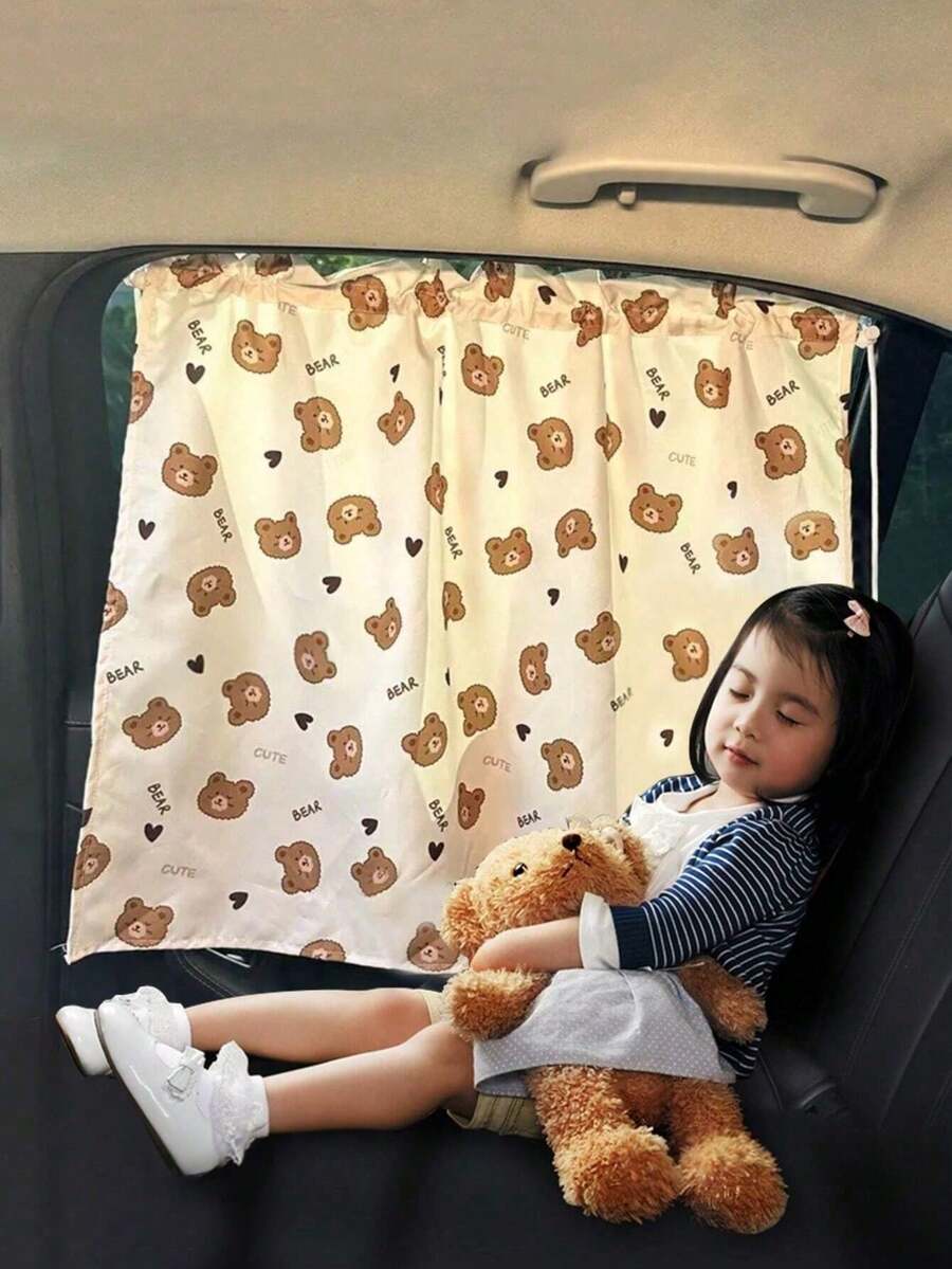 1pc Cartoon Bear & Dinosaur Car Seat Sunshade, Suction Cup Side Window Curtain For Privacy