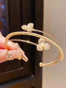 1 chiếc vòng tay hoa cỏ ba lá sang trọng, thời trang, nhiều lớp đính kim cương, vòng tay hở bằng đồng khảm kim cương thanh lịch, phù hợp cho phụ nữ đeo hàng ngày, dự tiệc, ngày lễ, hẹn hò, dự tiệc chiêu đãi, quà tặng Ngày Valentine, quà tặng Ngày của Mẹ, quà tặng kỷ niệm, quà tặng trang sức. - Vòng tay hở - Xem 6
