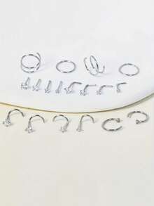 4pcs Round Heart, Pentagram, Cube Zirconia Decorated I L-Type Nose Studs, Gold & Silver Color