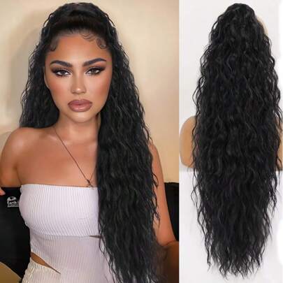 Deep Wave Drawstring Ponytail Hair Extensions 16-26 Inches Ponytail Natural Black Color Brazilian Remy Human Hair #1B 1piece
