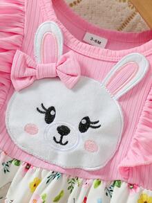 1pc Baby Girl Easter Cute Pink Knitted Round Neck Hooded Rabbit Ear Embroidery Patchwork Woven All-Over Print Dress, Summer - Multicolor - View 5