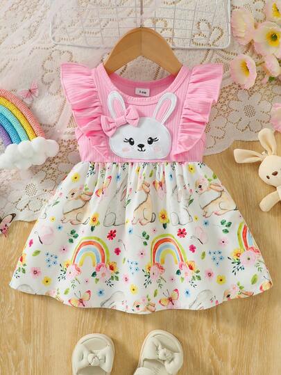 1pc Baby Girl Easter Cute Pink Knitted Round Neck Hooded Rabbit Ear Embroidery Patchwork Woven All-Over Print Dress, Summer