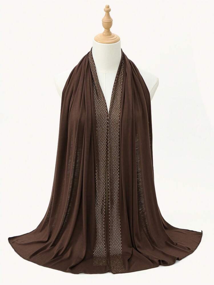 1件装女士纯色编织纹理水钻装饰头巾，柔软舒适的莫代尔头巾，多功能穆斯林长围巾，适合日常、通勤、聚会、摄影等场合 - 彩色 - 查看 22