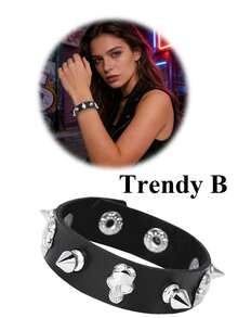 Xiacheng 1/3/4件套女士朋克摇滚手链套装 - 铆钉尖头开口手链，可调节人造革材质，80年代Emo哥特机车风，男女皆宜的另类时尚 - 經典色 - 查看 10