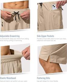 Men's Swim Trunks Quick Dry Board Shorts With Zipper Pockets Beach Shorts Bathing Suits Men - No Mesh Liner - 卡其色 - 查看 6