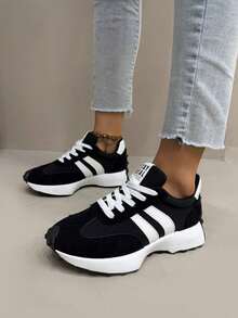 Women's Casual Sneakers, 2026 Spring/Autumn New Shoes Thick Sole Casual Lace-Up Shoes - Black - View 3