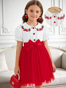 女童时尚撞色拼接连衣裙，清新草莓刺绣泡泡袖设计，配腰带，适合派对、户外休闲，尽显公主风夏季魅力 - 紅白色 - 查看 2