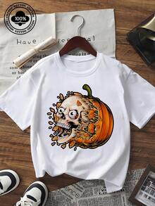Damska koszulka z krótkim rękawem na Halloween, okrągłym dekoltem, luźnym krojem i nadrukiem czaszki i dyni, swobodna, codzienna, uliczna koszulka - Biały - Zobacz 6