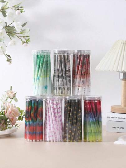 50Pcs/Jar Colorful Herb Pre-Rolled Cone With Tips, Trumpet Type Grass Rolling Paper, And Cigarette Pipe, Smoking Accessories, Black And White Jars Shipped Randomly.
