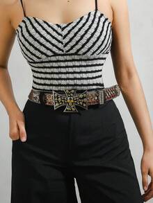 1 chiếc thắt lưng hình đầu lâu đính đá lấp lánh, kiểu Mỹ, phong cách Gothic Punk Y2K, phù hợp cho mọi mùa. - màu nâu - Xem 1