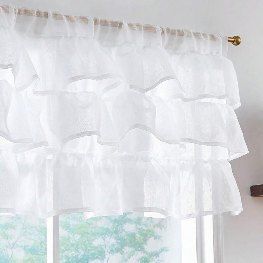 Linen Valance Sheer Double Layer Kitchen Window Curtain Leaf Embroidered Valance Living Room Cafe Farmhouse Filtering Rustic Country Curtain 18 Inch Rod Pocket 1 Panel White Home Decor - *Breeze White - View 1