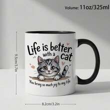 1pc 11oz Ceramic Cute Design Coffee Mug Coffee Cup With Gray Tabby Kitten And Floating Hearts Pattern Lovers Home Office Use Valentine'S Day Or Birthday , Novelty Coffee Cups, Coffee Cup With Lid, Mug Cup - Black 4 - View 6