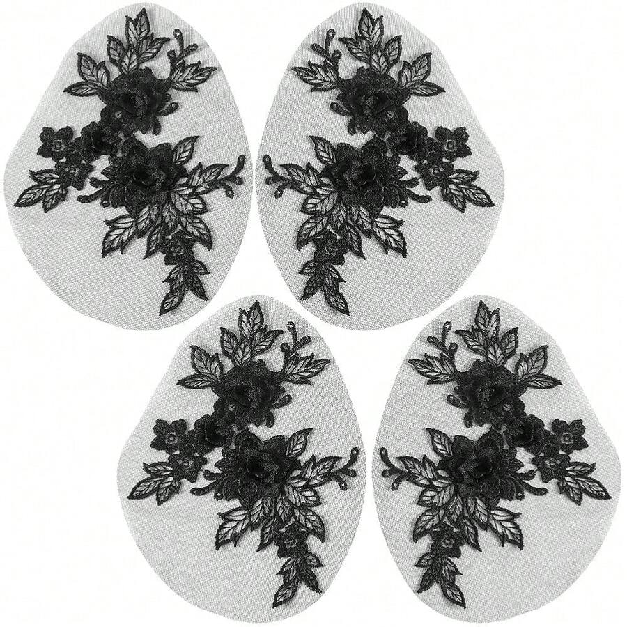[Free Shipping]4Pcs Lace Flower Applique Black Vintage 3D Floral Embroidery Appliques Polyester Soild Embroidered Sew On Tulle Patches For Sewing MaFKing Crafts Dresses Cloth Gowns Hat Wedding Party Supply - Black - 查看 1