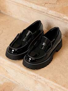 Women Platform Black Patent Loafers 1.57-Inch Chunky Mid-Heel Flatform Loafer Round Toe Versatile Classic Casual Slip On Shoes, 2026 New Spring Summer Shoes - ĐEN-PAT - Xem 3