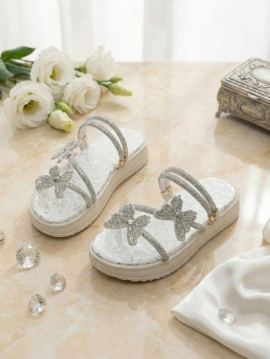 New Girls' Summer Thick Sole Fashion Slippers, Butterfly Strap With Rhinestones, Slip-On Round Toe Beige Thick Sole Shoes, Suitable For Vacation And Home Wear - Beige - View 1