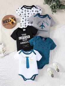 5-Piece Baby Triangle Jumpsuit Set Cotton Airplane Bowtie Printed Soft And Comfortable Baby Romper For Boys Wrapped Burden For Kids Baby Boys Clothes For Outdoor Use, Daily Home Wear - 灰色 - 查看 11