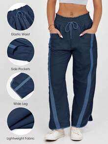 Women's Camping Wide Leg Sweatpants Baggy Fit Drawstring Elastic Waist Quick-Dry Fabric For Outdoor Hiking Y2K Athletic Pants - 藏蓝色 - 查看 2