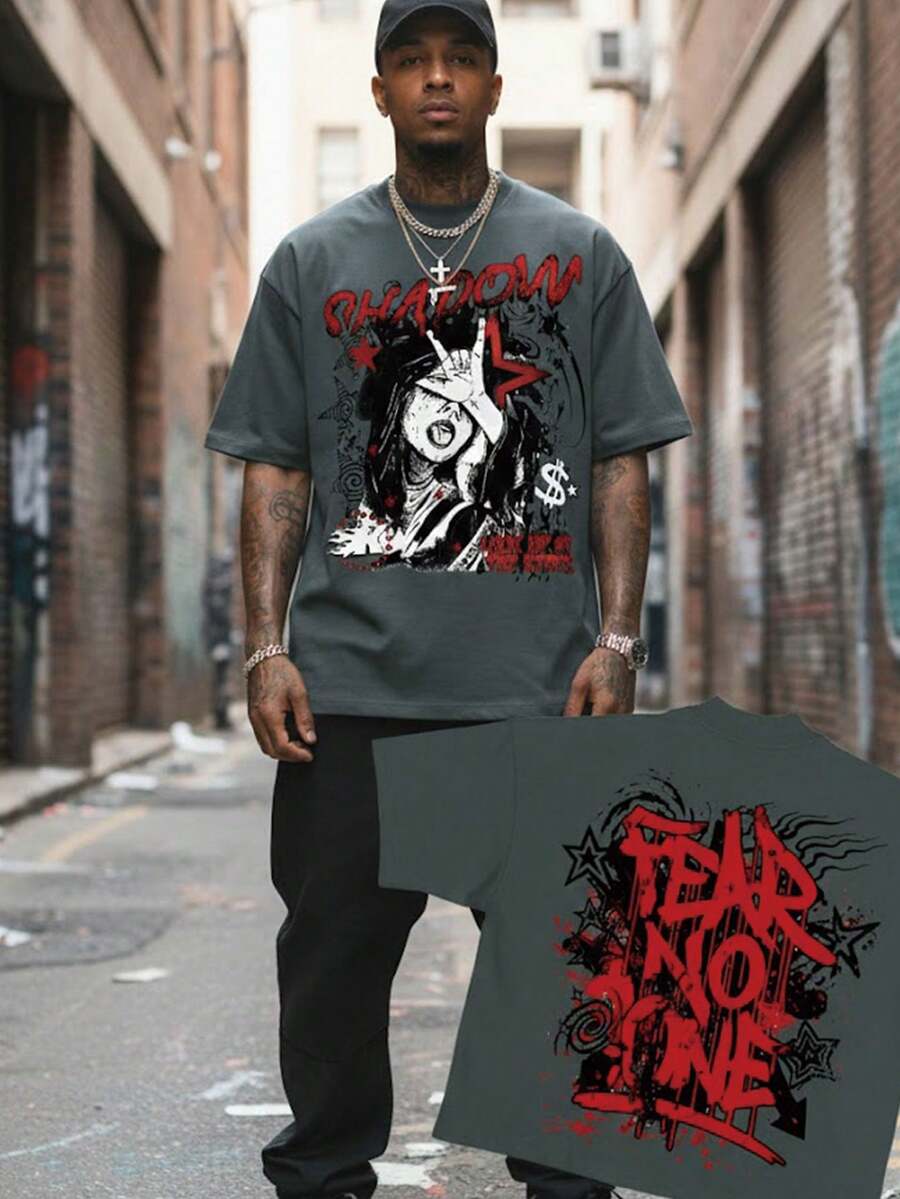 Shadow Graphic T Shirts For Men, 100 Percent Cotton Oversized T Shirt, Dark Aesthetic Punk Camisetas Para Hombre - 灰色 - 查看 1