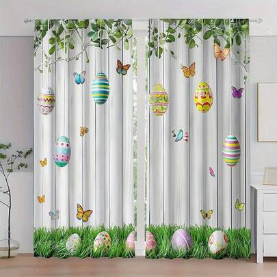 2pcs Colorful Easter Egg And Butterfly Print Curtains, Featuring A Grassy Motif Design, Flat Print, And Sheer Fabric. A Perfect Choice For Easter/Spring Window Decoration, Suitable For Living Rooms, Bedrooms, And Kitchens. Features A Rod-Style Design.