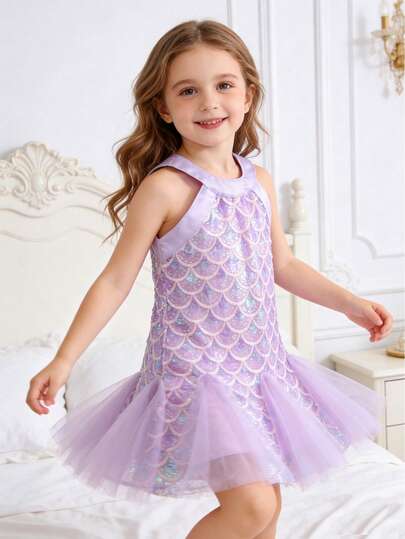 1 pieza Vestido de princesa sirena brillante y dulce con estampado de lentejuelas de tul esponjoso de cuello redondo sin mangas para niñas, apto para fiestas/cumpleaños/actuaciones/vacaciones, adecuado para todas las estaciones