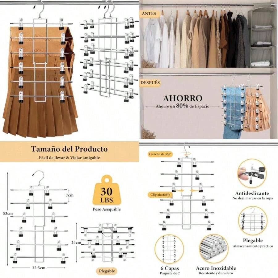 Ganchos para Pantalones que Ahorra Espacio, Paquete de 2 Perchas Metálicas Plegables de 6 Capas para Pantalones, con Clip Antideslizante Ajustable, Adecuado para Vaqueros, Faldas y Pantalones Cortos(2 piezas) - Multicolor - Ver 1