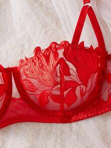 优雅红色刺绣性感内衣套装 - 紅色 - 查看 3