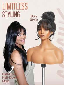 MECRY Elegant Black Synthetic Wig With Bangs - Medium Straight, Heat-Resistant, Natural Look For Cosplay & Daily Wear, 150% Density, Adjustable Cap - Natural & Black - View 8