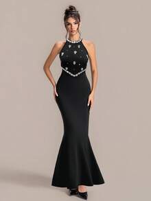 Black Mermaid Gown With Rhinestone Backless Design, Luxurious And Sexy, Perfect For Formal Occasions - Black - View 9