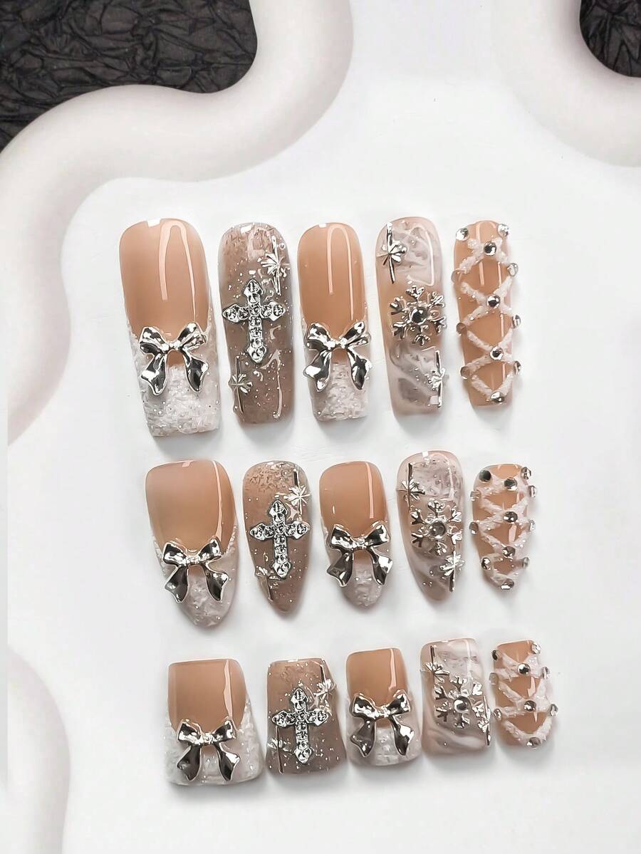 10件套秋冬美甲装饰套装，亚克力美甲贴纸，包含银色雪花、蝴蝶结、十字架、星空图案、手绘白色树形图案及闪亮爱心，优雅精致风格，银色猫眼星空美甲装饰，美甲用品 - 彩色 - 查看 1
