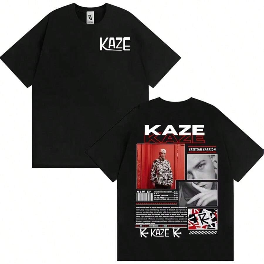 2026 Camiseta de calle Harajuku Hip Hop para hombres y mujeres, camiseta cómoda, cantante de rap Kazer Cristian Carrion, camiseta de mercancía de la gira 2025 - Negro - Ver 1