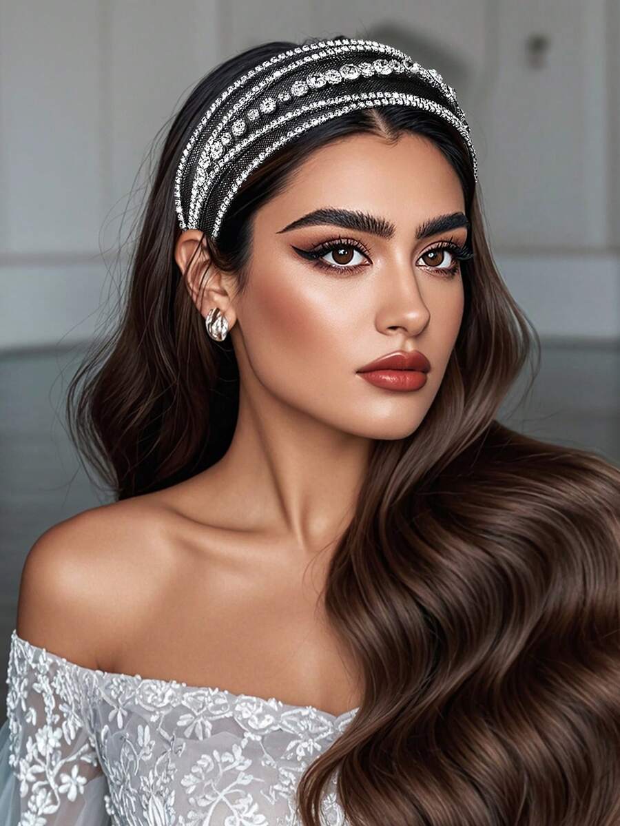 1pc Shiny Silver Rhinestone Headband, Fashionable Mesh Hollow Wide-Brim Headpiece Suitable For Bride, Wedding, Celebration, Holiday Gift, Date, Carnival Party, Casual Wear Beauty Home Hair Accessories - 黑色 - 查看 1