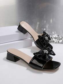 French Square Toe Rhinestone Bow Chunky Heel Strap Summer New Versatile Slim High Heel Sandals - Black - View 3