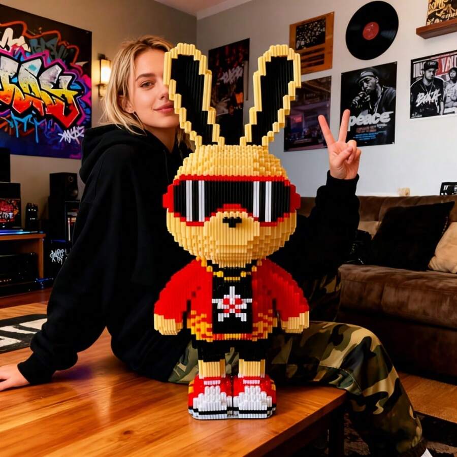 1 Set 3000 piezas Bloques de construcción con diseño de conejo estilo Hip-Hop, adecuado como decoración de escritorio o habitación creativa, regalo de cumpleaños, set de manualidades, aplicable para juegos de fiesta y regalos de Año Nuevo, sin batería requerida - Multicolor - Ver 1