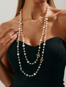 Delicate Double Layer Pearl Necklace, Golden Flower Design, Gift For Valentine's Day, Wedding, New Year