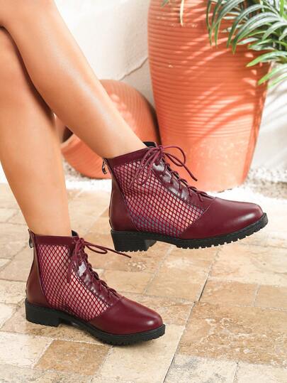 Women's Fashion Burgundy Net Boots, Thick Heel Sandals, New Spring/Summer Buckle Closure Back Zipper Bohemian Lace-Up Hollow-Out Round Toe Strappy Roman Shoes, Comfortable Casual Vacation Party Event Outdoor Plus Size Short Boots Breathable Mesh Heels