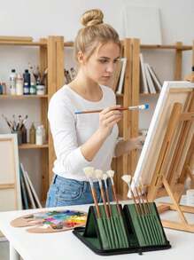 DUGATO Long Canvas Paint Brush Holder Zippered 5.7x14.8 Inch, Premium Art Case For Brushes Long Handle Up To 13" Length, 15 Slots Storage For Artist (Brush Not Included) - Green - ColorC - 查看 7