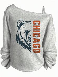 Summer Outfits For Women, Chicago Bear Graphic, Casual One Shoulder Long Sleeve Sweatshirt, Sporty Streetwear Style-Vacation Outfits Women, Theme Graphic Tees, Festival Wear, Fun Party - Xám - Xem 7