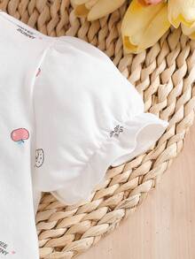 Young Girl Cartoon Print Polo Collar Half Placket Casual Everyday Petal Sleeve T-Shirt - White - View 4