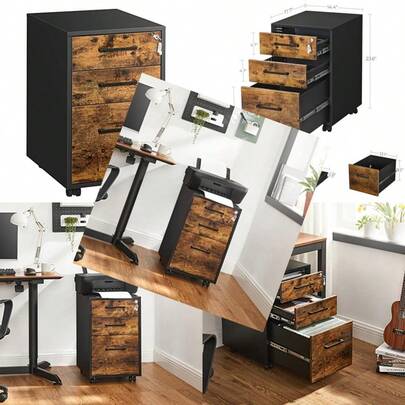 File Cabinet Office Filing Cabinet With Lock Pre-Assembled Except Wheels And Handles For A4 Legal Letter Sized Documents 45 X 36.7 X 60 Cm Rustic Brown And Black UOFC110B01