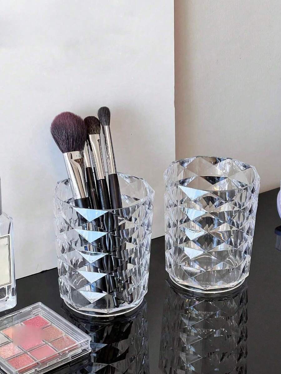 1pc/2pcs Transparent Makeup Brush Holder, Elegant Diamond Pattern Bathroom Cup For Toothbrush, Toothpaste Storage