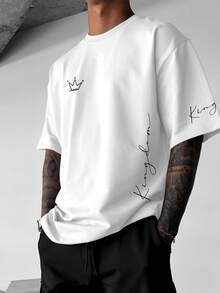King Letter Crew Neck T-Shirt, Men's Crew Neck T-Shirt, Loose Fit, Comfortable And Breathable T-Shirt For Summer Outdoors, Casual Crew Neck T-Shirt - 白色 - 查看 1