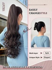 30英寸深棕色波浪卷发夹式马尾假发，柔软自然，合成材质，适合女性 - 黑棕色 - 查看 7
